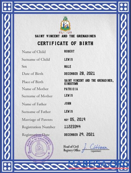 Downloadable Saint Vincent and the Grenadines birth certificate PSD template